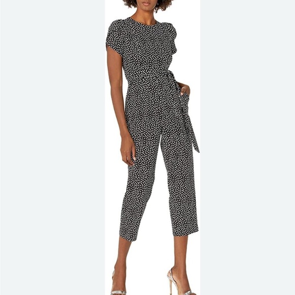 Calvin Klein Women's Tie-Waist Tulip-Sleeve Jumpsuit White Patterned Jumpsuit 8 - Picture 1 of 10